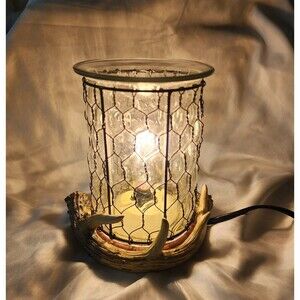 Scentsy Antler Lodge Full Size Wax Warmer Glass & Wire Shade Plug In Cabin Woods